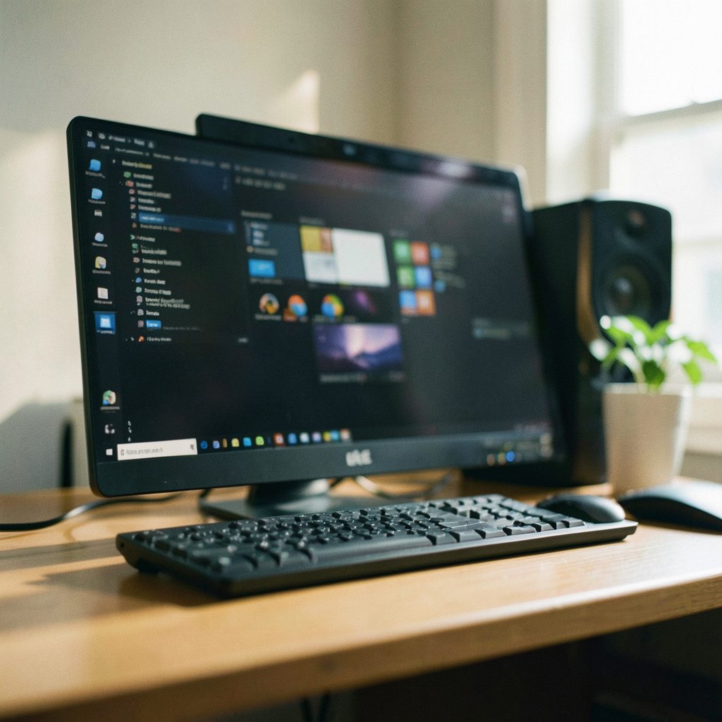 A wide cinematic frame with shallow depth of field showing a desktop workspace with soft blue and grey tones, clean and minimal, evoking a calm productive mood.